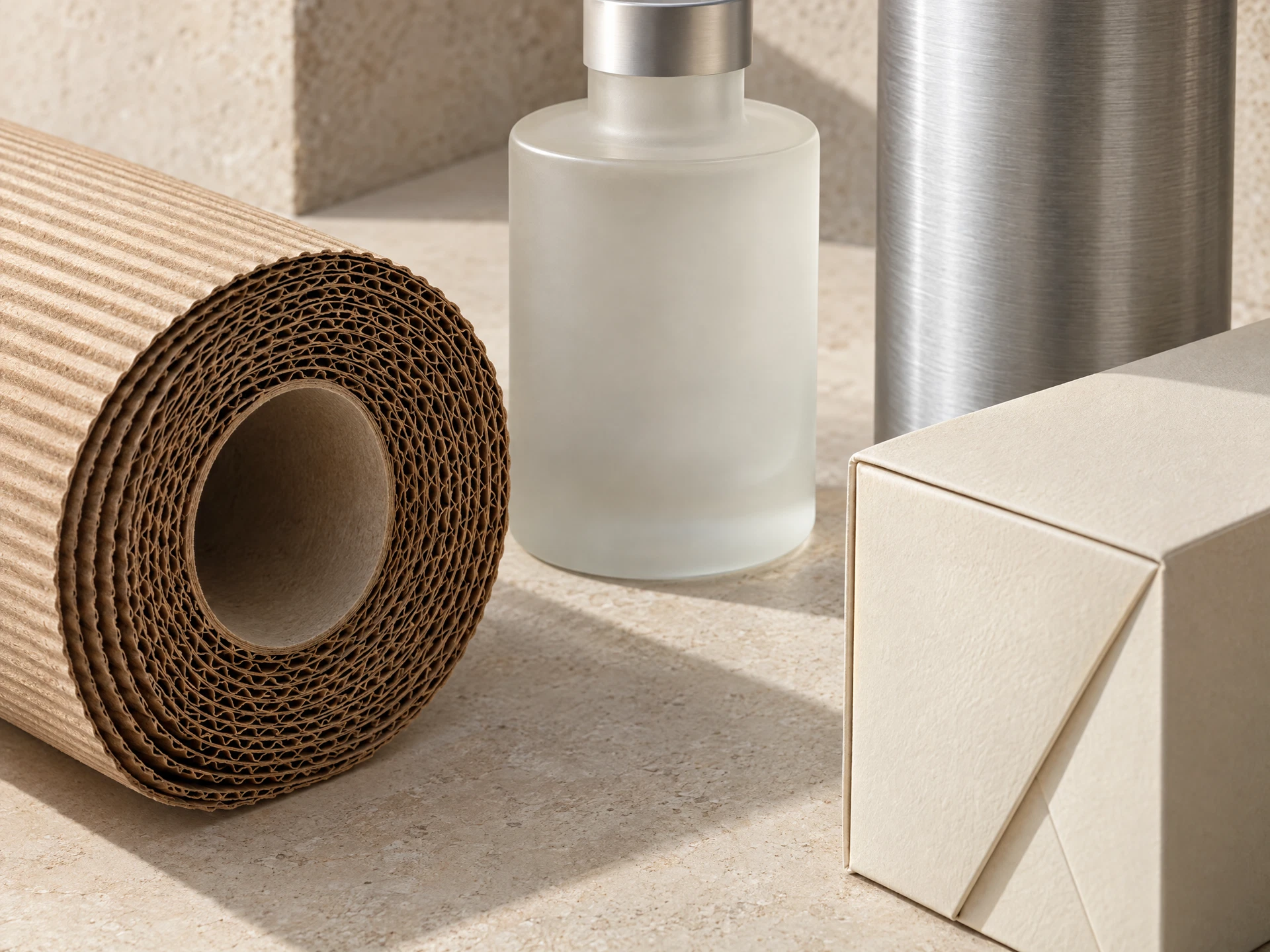 A close-up of glass, cardboard and metal packaging materials